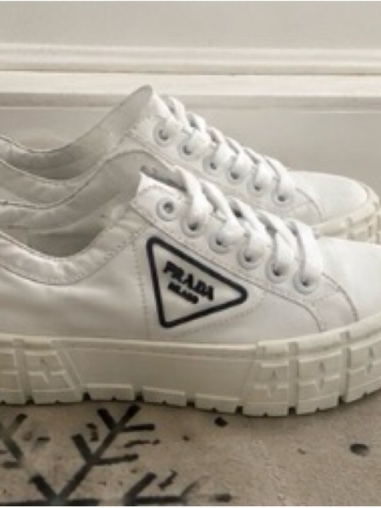 Prada Shoes - Prada White Platform Low-Top Sneakers with Black Logo Trim
